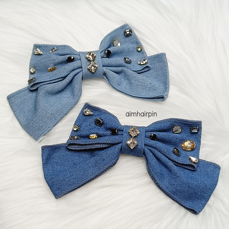 กิ๊บสปริงโบว์ ผ้ายีนส์ แต่งเพชร - aimhairpin จำหน่ายกิ๊บติดผมเกาหลีแท้ และเครื่องประดับ ยางรัดผม คาดผมแฟชั่น สร้อยคอ ต่างหู