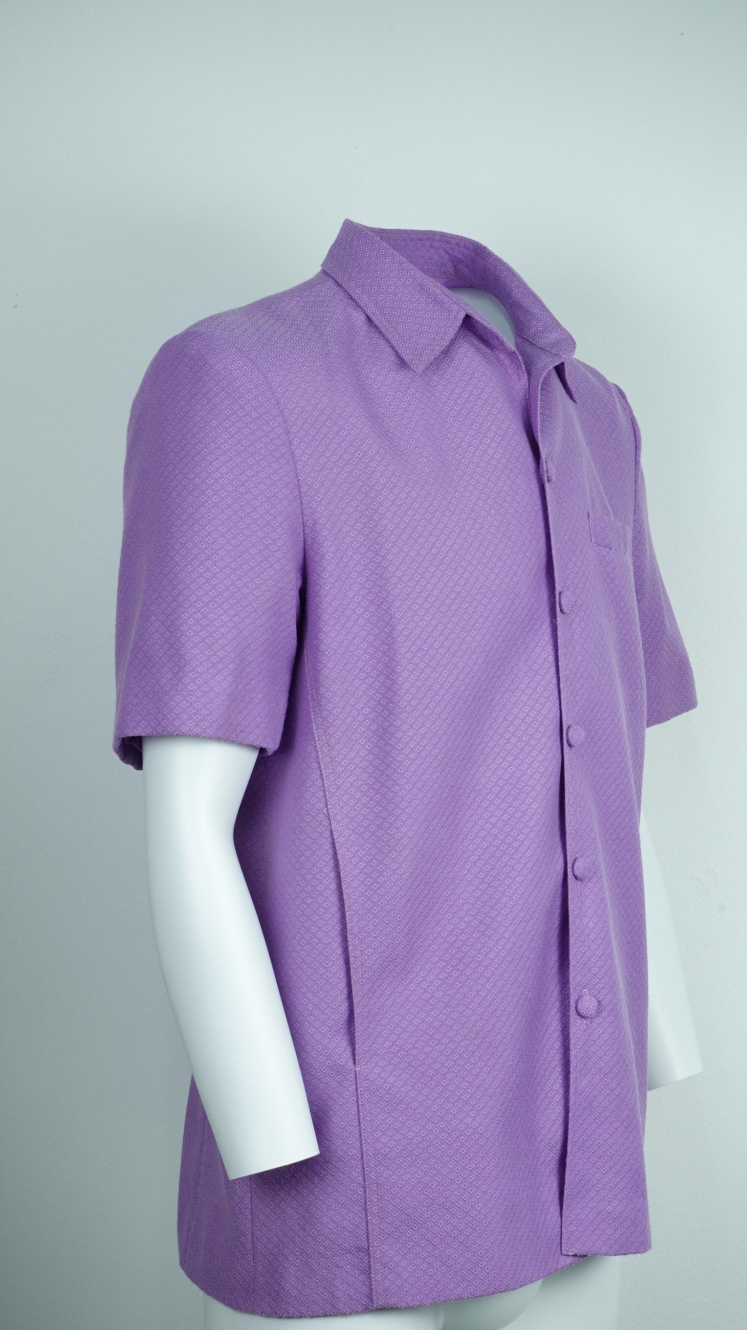 เสื้อต่อกันไหม L สูทซาฟารีแขนสั้น ตัดเย็บจากผ้าไหมยกดอกลายพริกไทย สีม่วง