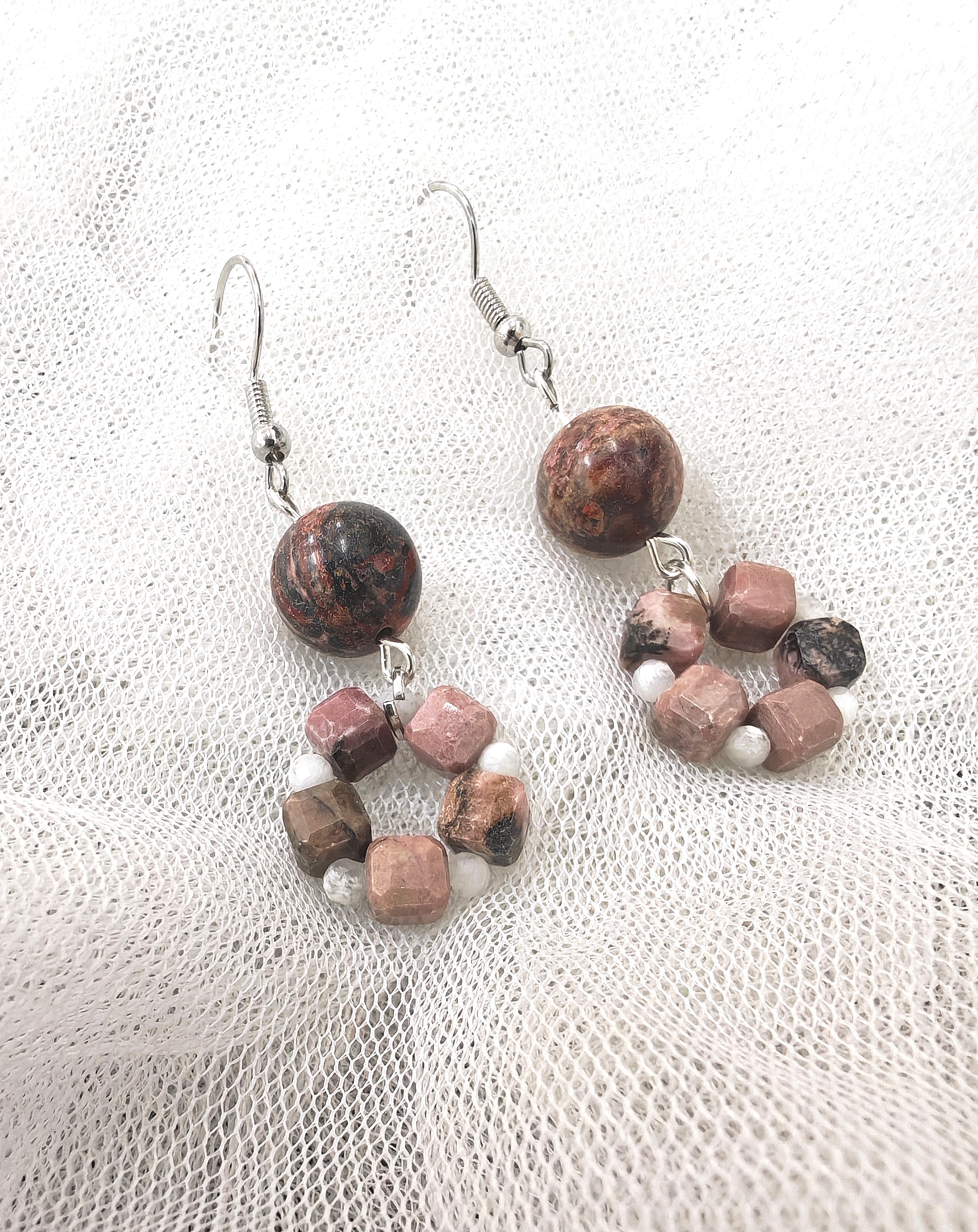 (021) ต่างหูหินโรโดไนต์ ลีโอพาร์ดแจสเปอร์ ก้านเงินแท้ 925