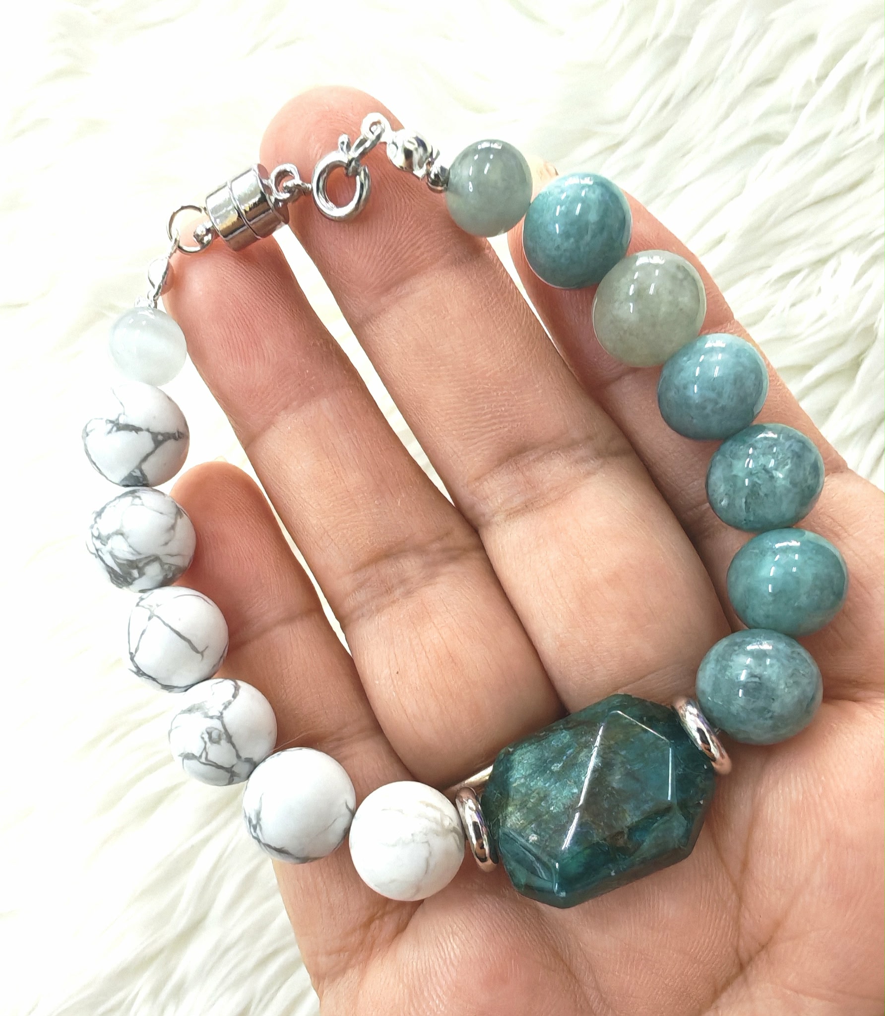 (026) กำไลหินฮาวไลต์ หยกพม่า จี้หินอะพาไทต์ (โชคลาภ มั่งคั่ง เสริมการงาน สงบสะอาด ขจัดพลังลบ) หินขนาด 10 มิล ขนาดข้อมือระบุทางแชทค่ะ