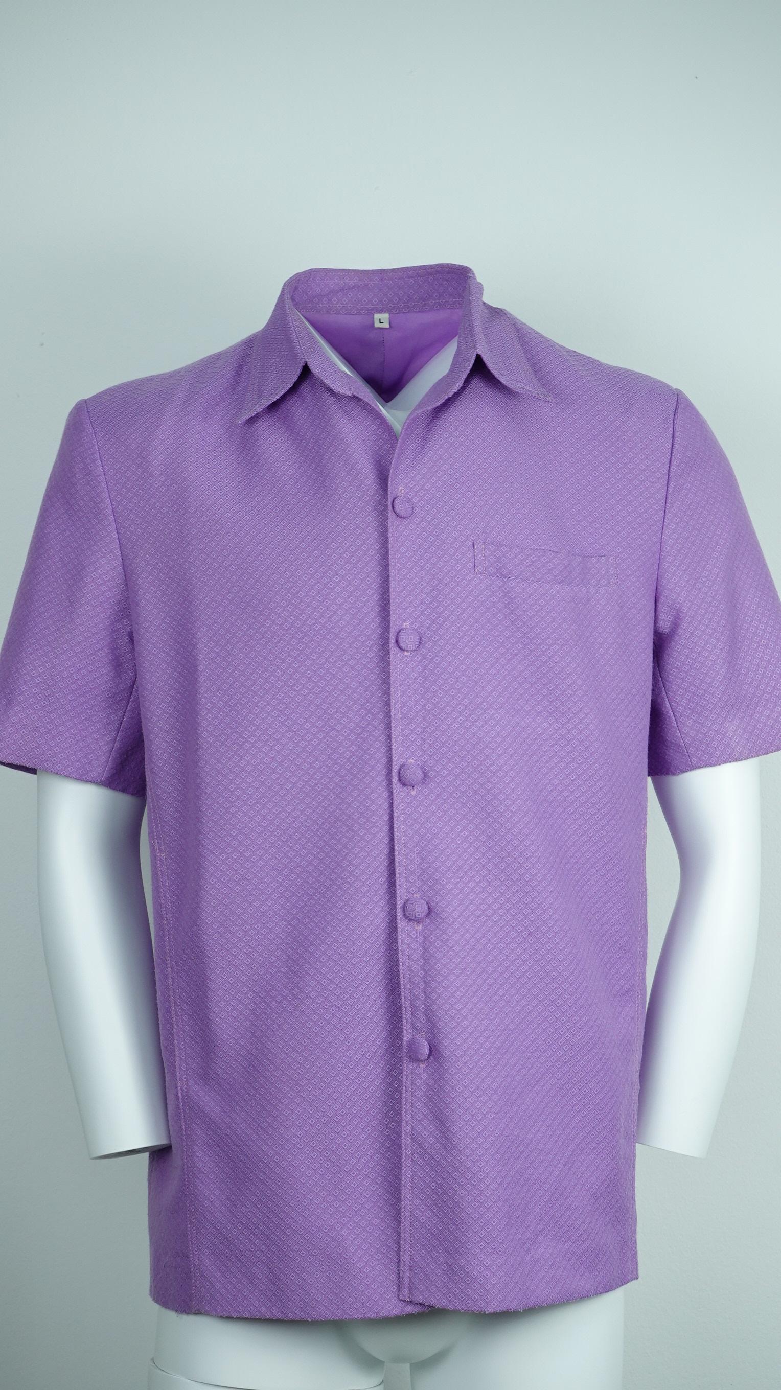 เสื้อต่อกันไหม L สูทซาฟารีแขนสั้น ตัดเย็บจากผ้าไหมยกดอกลายพริกไทย สีม่วง