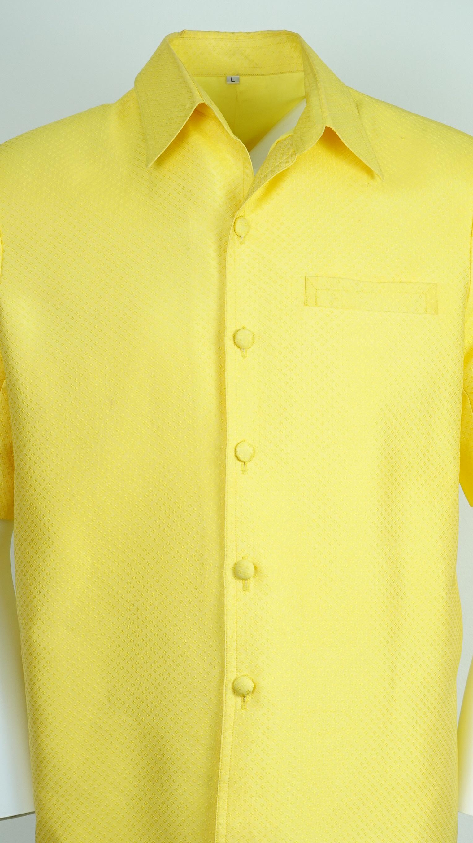 เสื้อต่อกันไหม L สูทซาฟารีแขนสั้น ตัดเย็บจากผ้าไหมยกดอกลายพริกไทย สีเหลือง