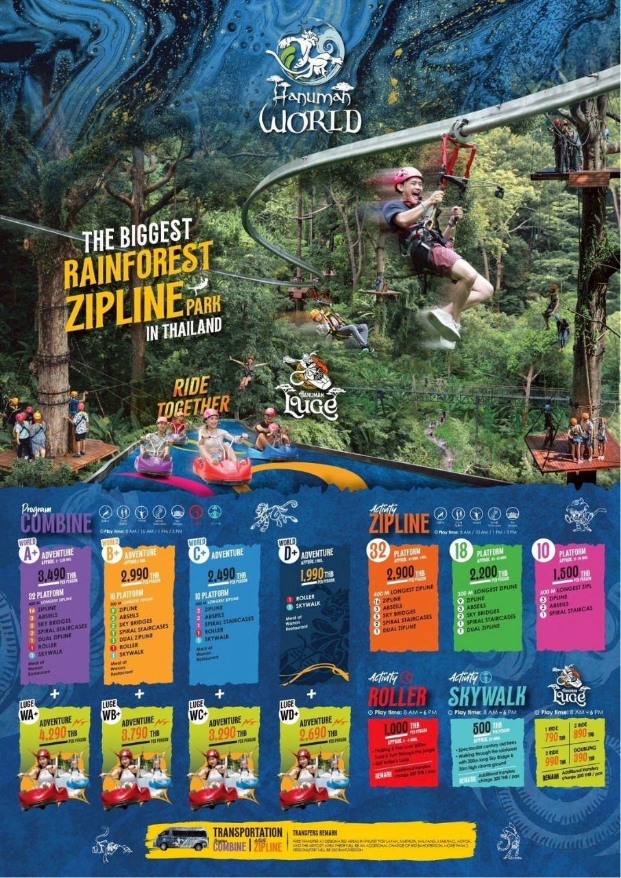 🌿 World Combine A+ + Luge Ride (Hanuman Zipline + Roller + Skywalk + Luge) Operated by Hanuman World – Phuket’s Premier Rainforest Zipline Park