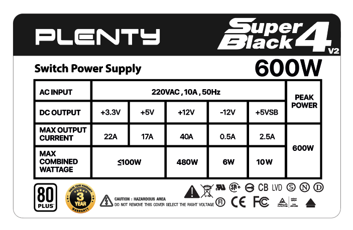 PSU PLENTY SUPER BLACK 4 UNIT V.2 - 600W (80+WHITE)
