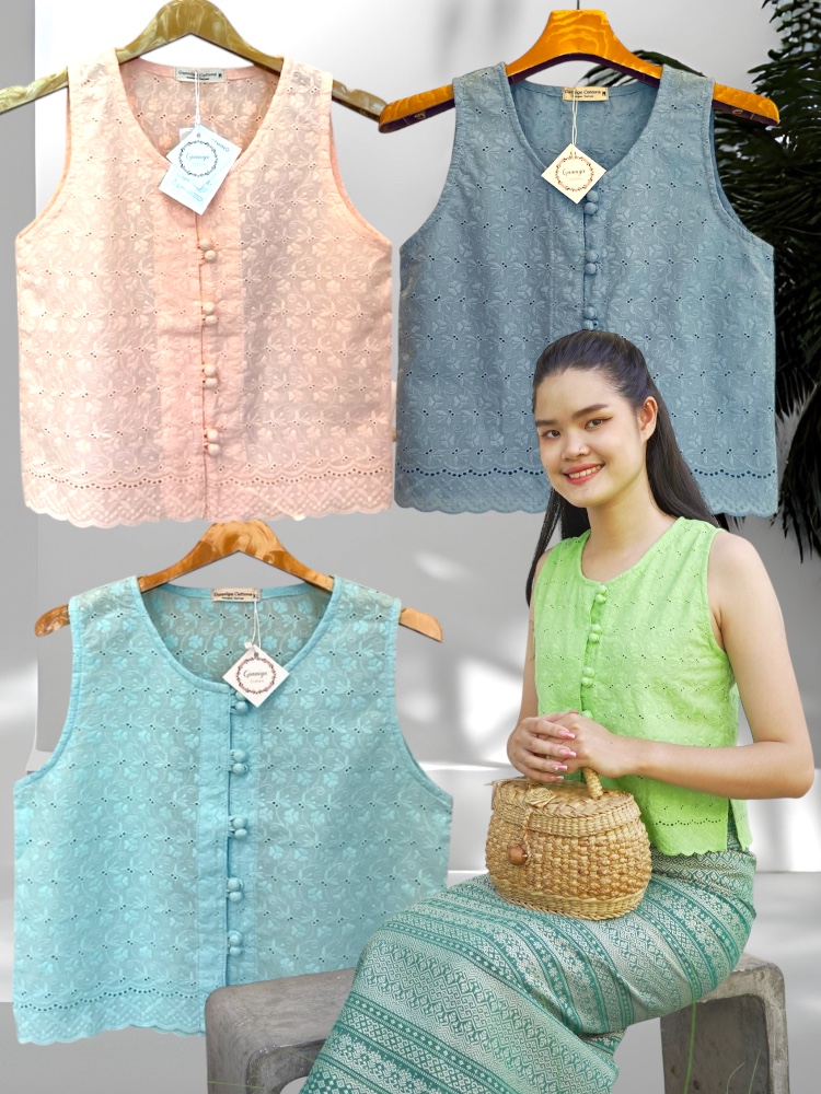 เสื้อบัวสวรรค์ สีเขียวสังขยา สีมังคุด สีส้มอ่อน สีฟ้าคราม และสีฟ้ามิ้นท์