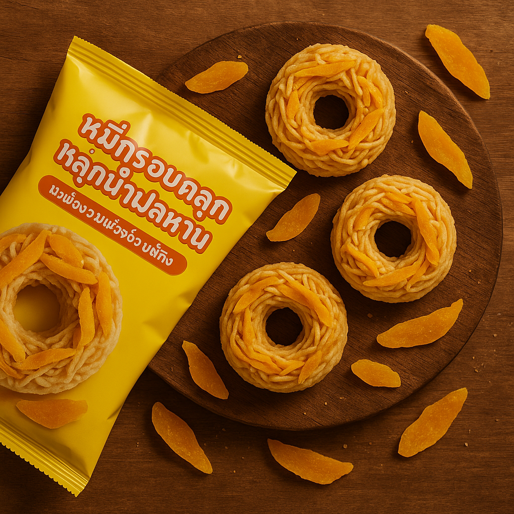 โดนัสหมี่กรอบคลุกมะม่วงน้ำปลาหวานอบแห้ง 200(10ชิ้น)