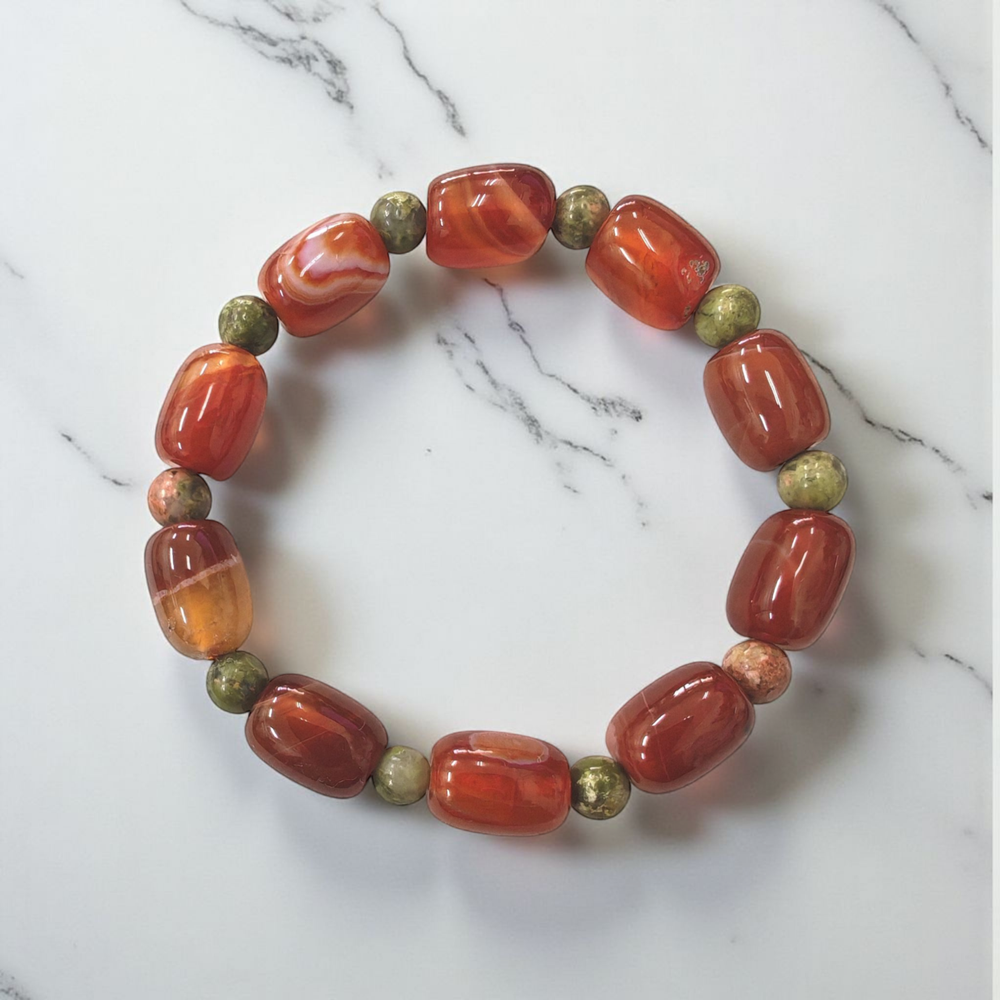 (020) กำไลหินคาร์เนเลียนทรงกระบอก ยูนาไคต์ หินแท้ หินนำโชค (กล้าหาญ สร้างสรรค์ คุ้มครอง โชคดี โชคลาภ) ขนาดข้อมือระบุทางแชทได้เลยค่ะ