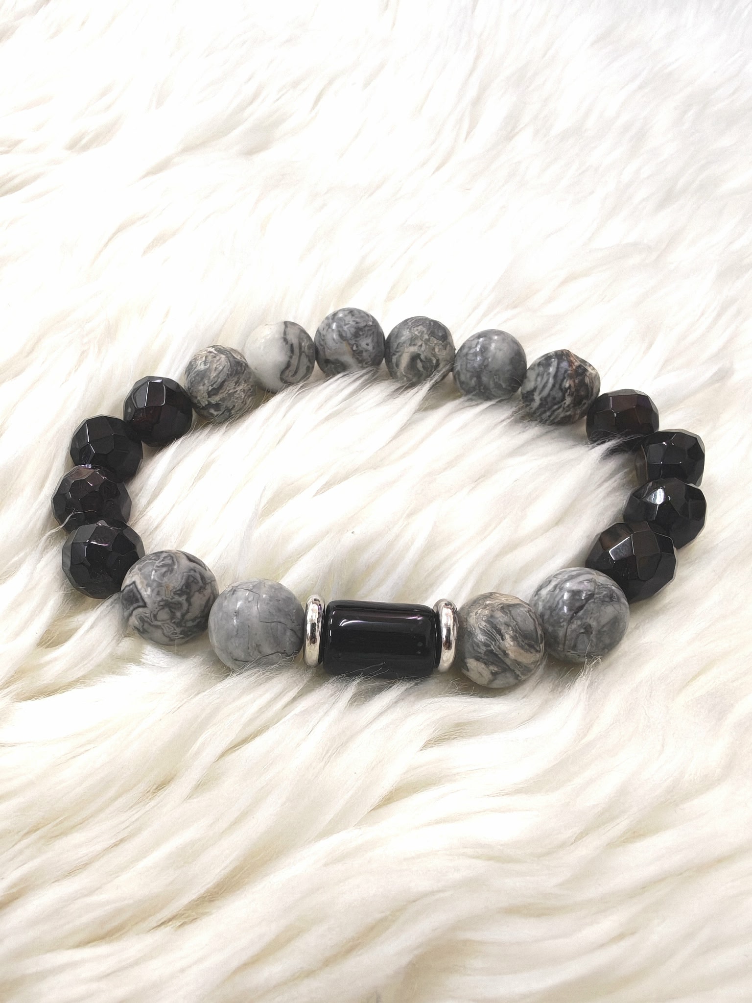 (025) กำไลไลหินซิลเวอร์เลซ & แบล็คอาเกต (ปกป้องคุ้มครอง เสริมสมดุล จิตใจสงบ ลดความเครียด) หินขนาด 10 มิล ขนาดข้อมือระบุทางแชทได้เลยค่ะ