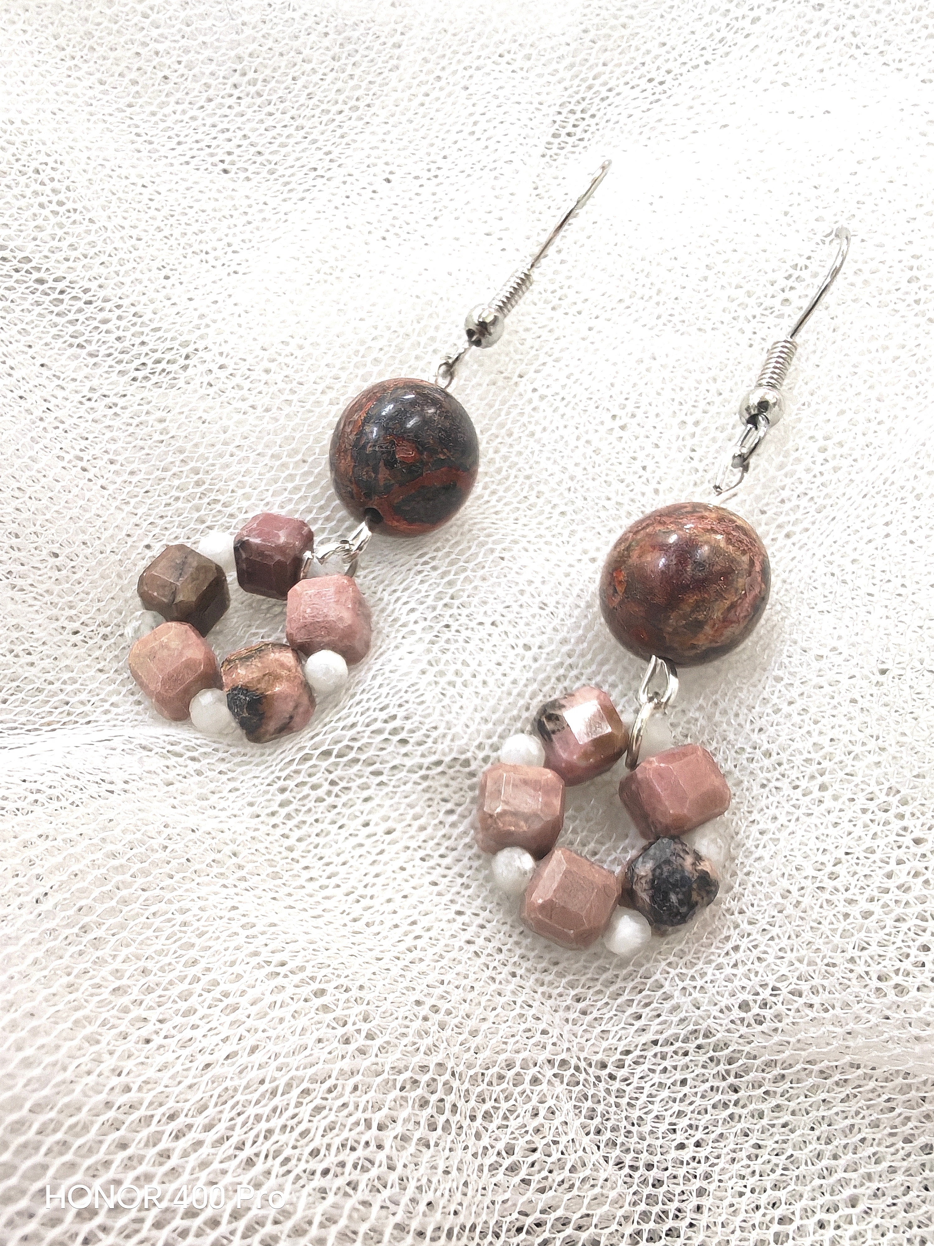 (021) ต่างหูหินโรโดไนต์ ลีโอพาร์ดแจสเปอร์ ก้านเงินแท้ 925