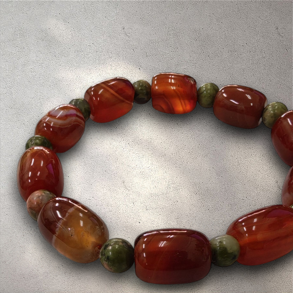 (020) กำไลหินคาร์เนเลียนทรงกระบอก ยูนาไคต์ หินแท้ หินนำโชค (กล้าหาญ สร้างสรรค์ คุ้มครอง โชคดี โชคลาภ) ขนาดข้อมือระบุทางแชทได้เลยค่ะ