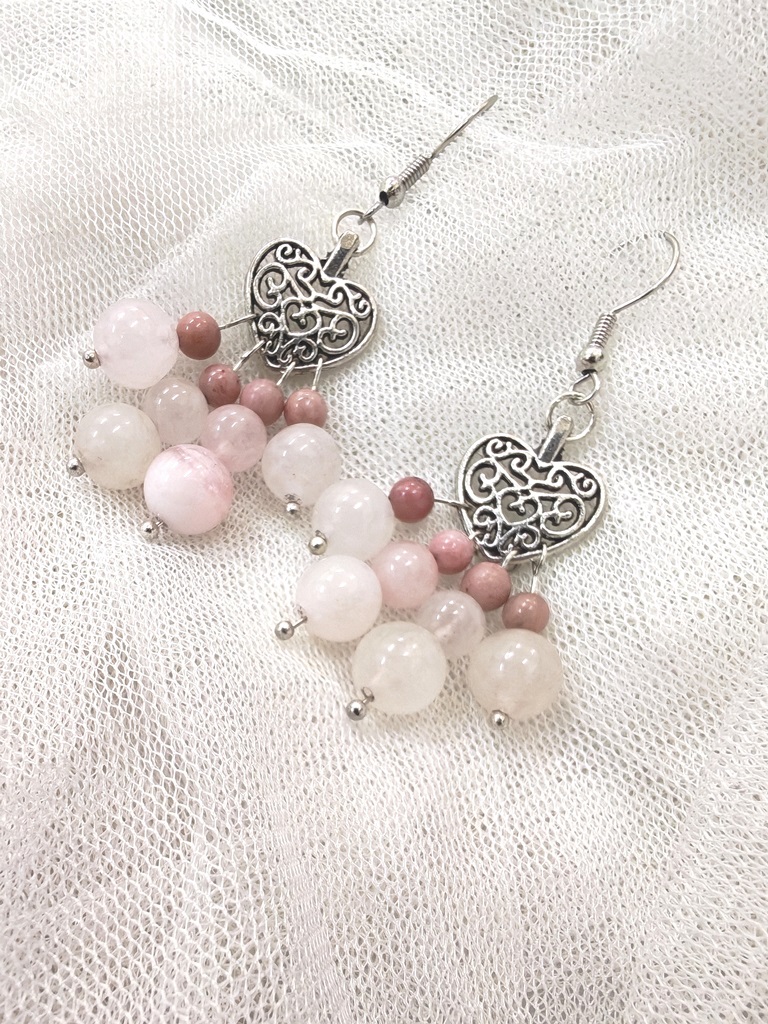 (023) ต่างหูหินแท้ โรสควอตซ์มาดากัสการ์ โรโดไนต์ ก้านเงินแท้ 925 ทรงระย้า ความยาว 5.5 ซ.ม.