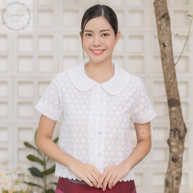 เสื้อเกี๋ยงภา สีขาว สีออฟไวท์ เนื้อผ้าสวย สีคลาสิดตลอดกาล ใส่ทำบุญสวยเก๋ แบบญาญ่า