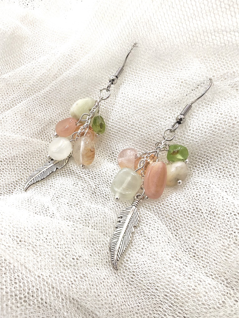 (024) ต่างหูหินแท้ ซันสโตน มูนสโตน เพอริดอทฟรีฟอร์ม ก้านเงินแท้ 925 ทรงระย้า ความยาว 7 ซ.ม.