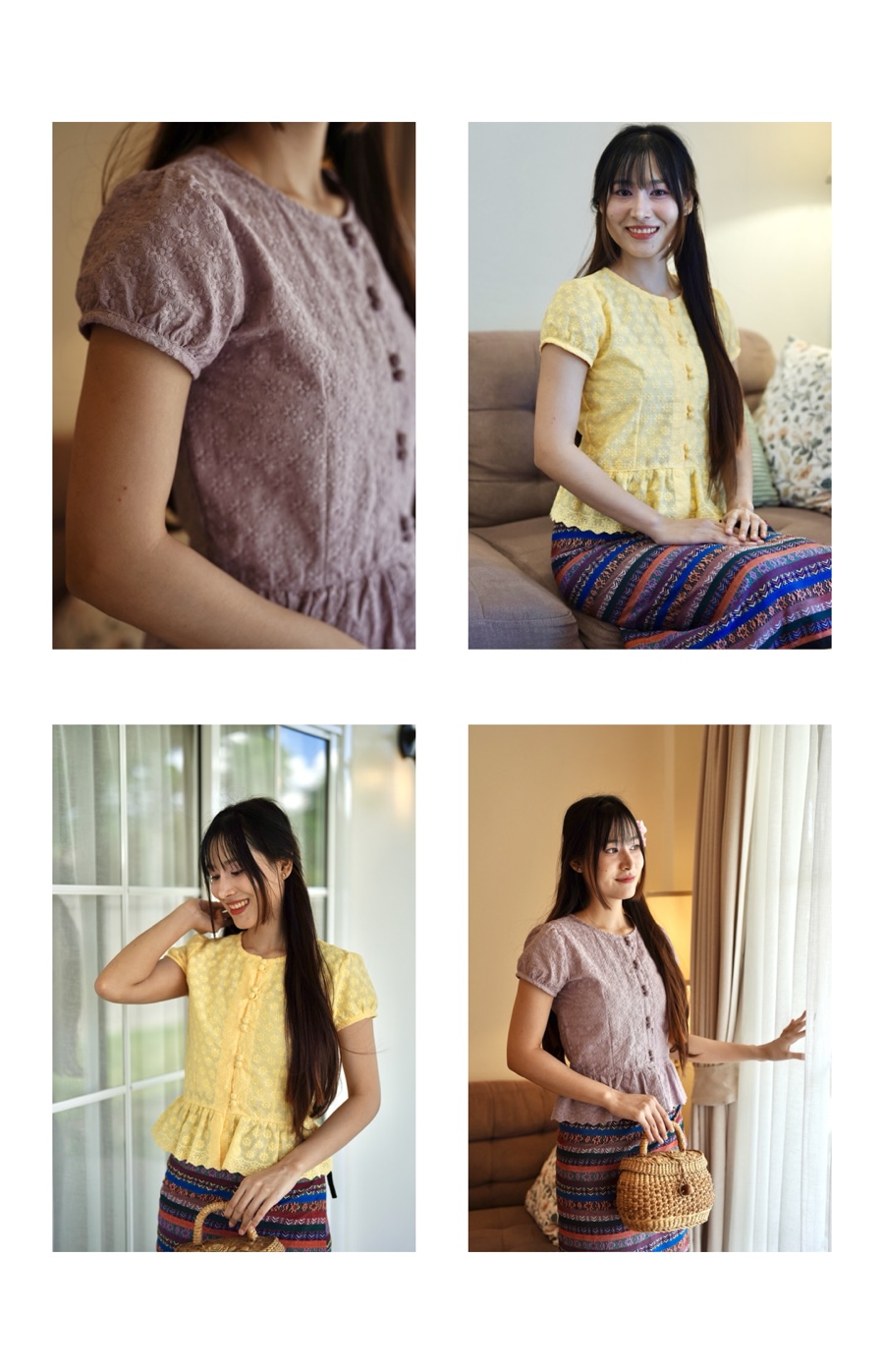 เสื้อภีรนีย์ สีใหม่ลายพิกุล สีชมพูอ่อน สีม่วงเผือก สีม่วงอ่อน และสีเหลือง งานสวยตรงปก ถ่ายรูปจากสินค้าจริง