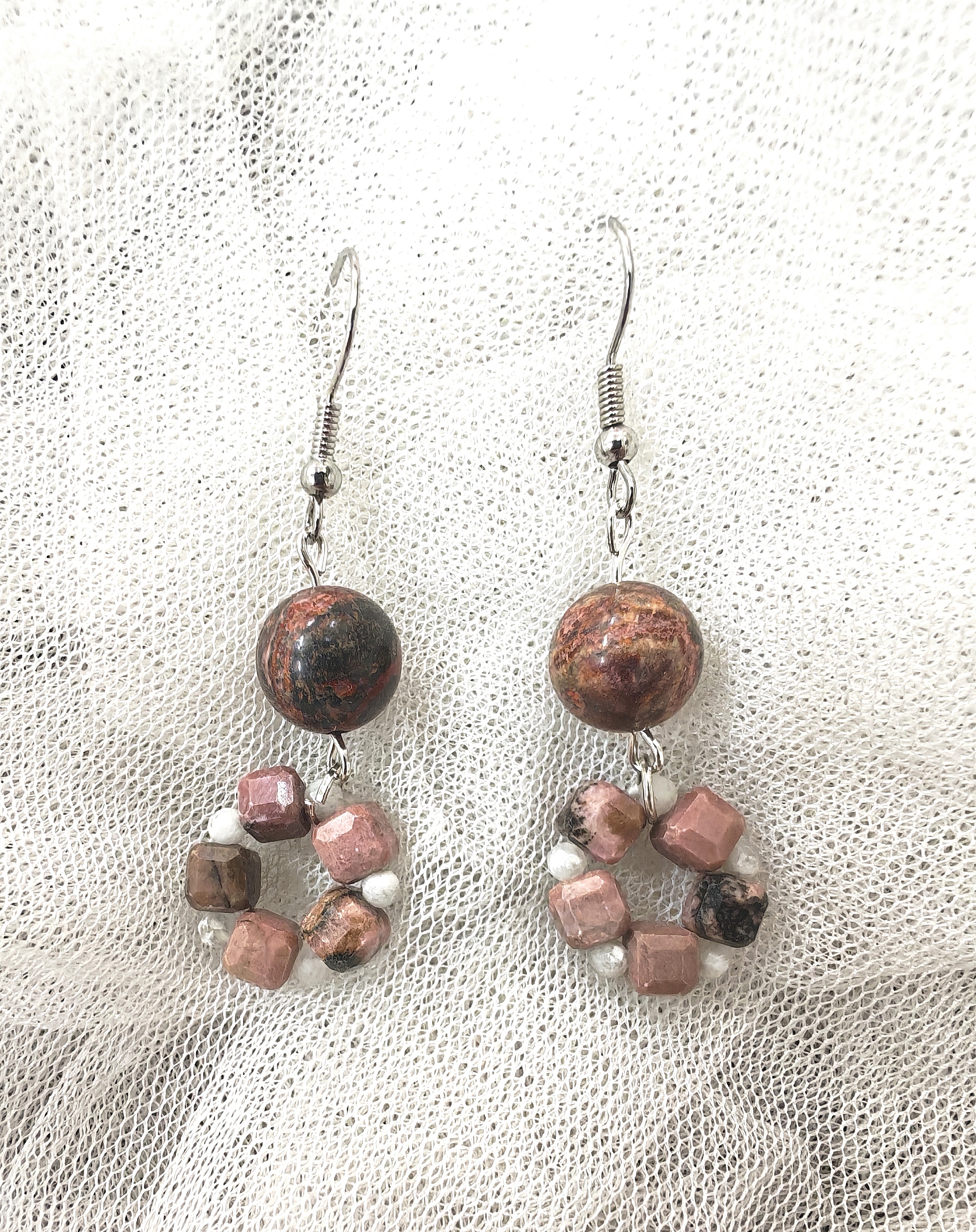 (021) ต่างหูหินโรโดไนต์ ลีโอพาร์ดแจสเปอร์ ก้านเงินแท้ 925