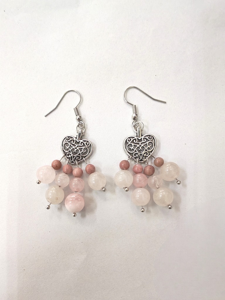 (023) ต่างหูหินแท้ โรสควอตซ์มาดากัสการ์ โรโดไนต์ ก้านเงินแท้ 925 ทรงระย้า ความยาว 5.5 ซ.ม.