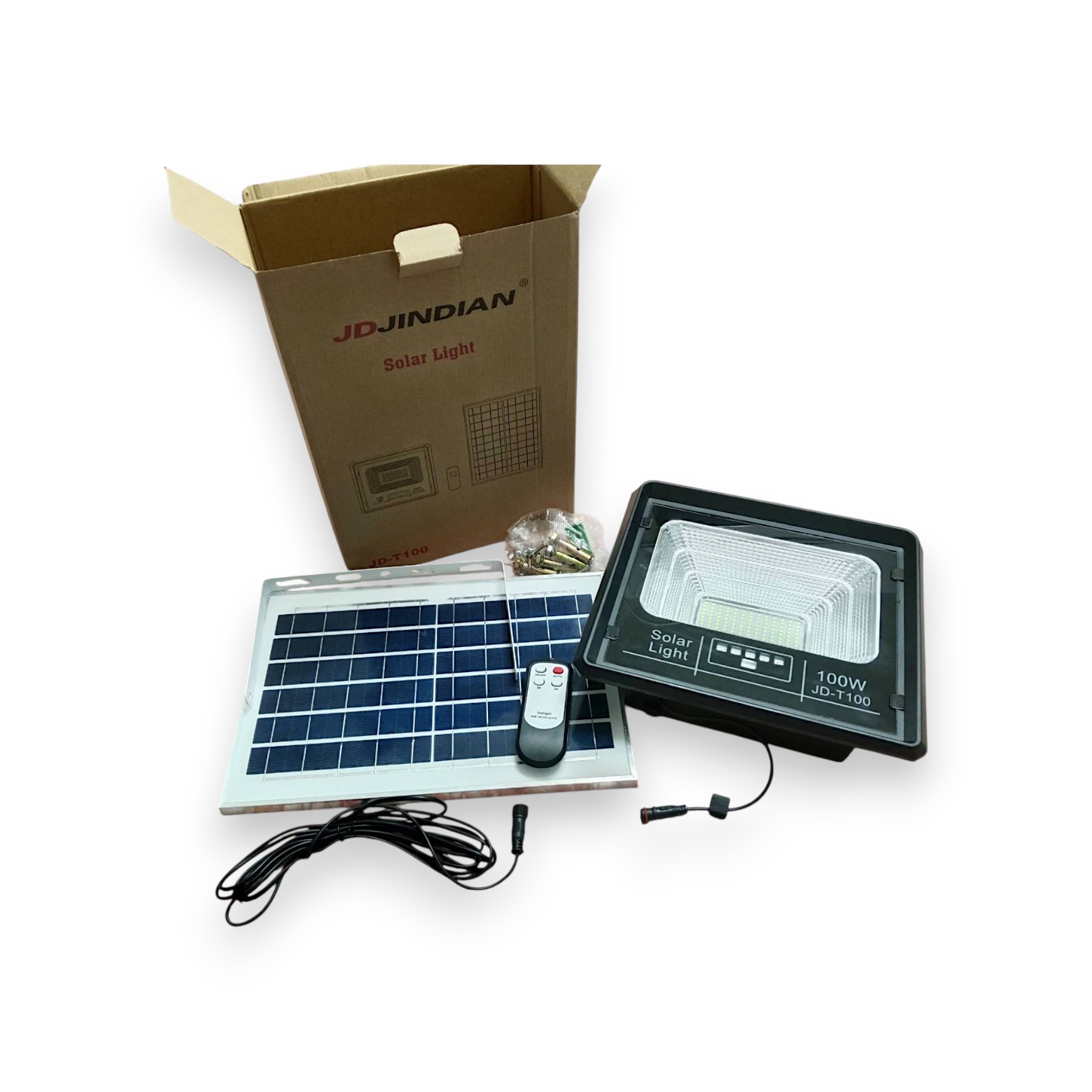 สปอร์ตไลท์โซล่าเซลล์พร้อมรีโมท Solar Light รุ่น JD-T100 100W ใช้พลังงานแสงอาทิตย์ โซลาเซลล์