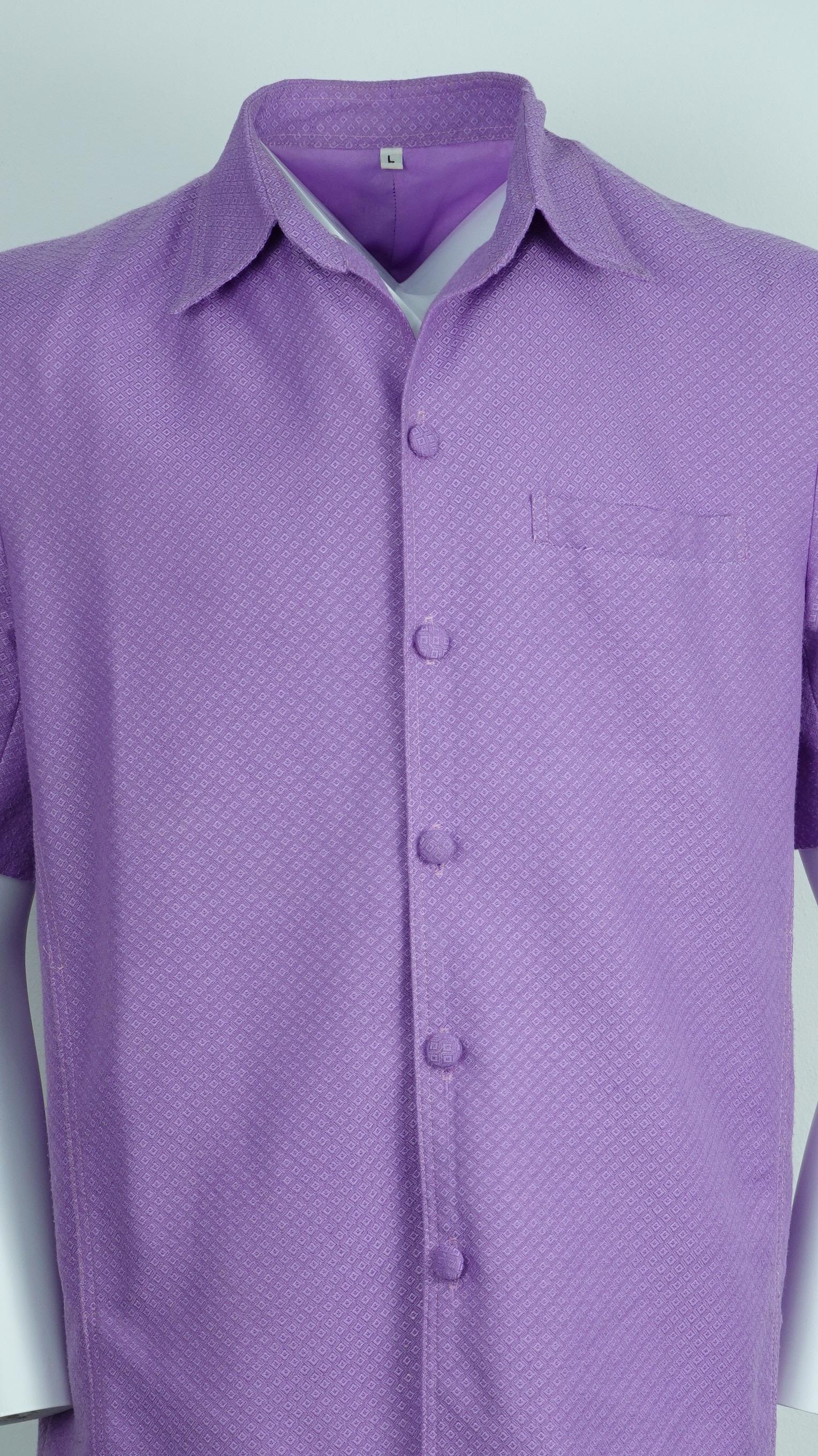 เสื้อต่อกันไหม L สูทซาฟารีแขนสั้น ตัดเย็บจากผ้าไหมยกดอกลายพริกไทย สีม่วง