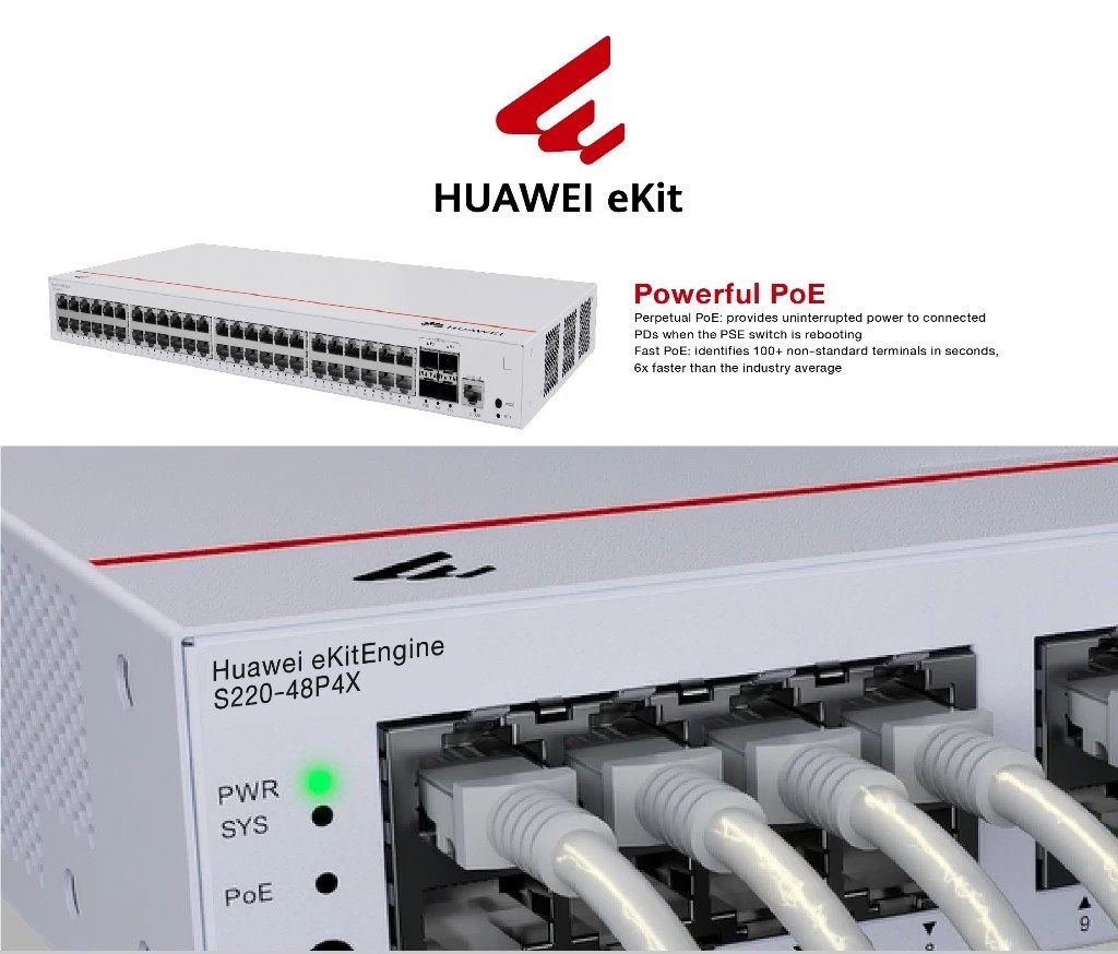 HUAWEI eKit S220-48P4X L2-Manage PoE+ Switch 48GB BASE-T ports (380W PoE+) SFP+ 4 ports 10GE, built-in AC power