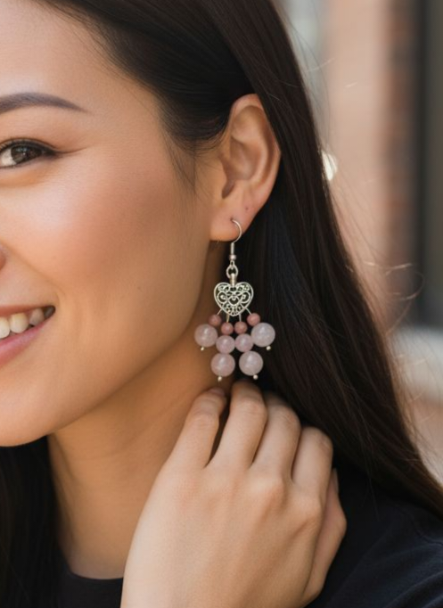 (023) ต่างหูหินแท้ โรสควอตซ์มาดากัสการ์ โรโดไนต์ ก้านเงินแท้ 925 ทรงระย้า ความยาว 5.5 ซ.ม.