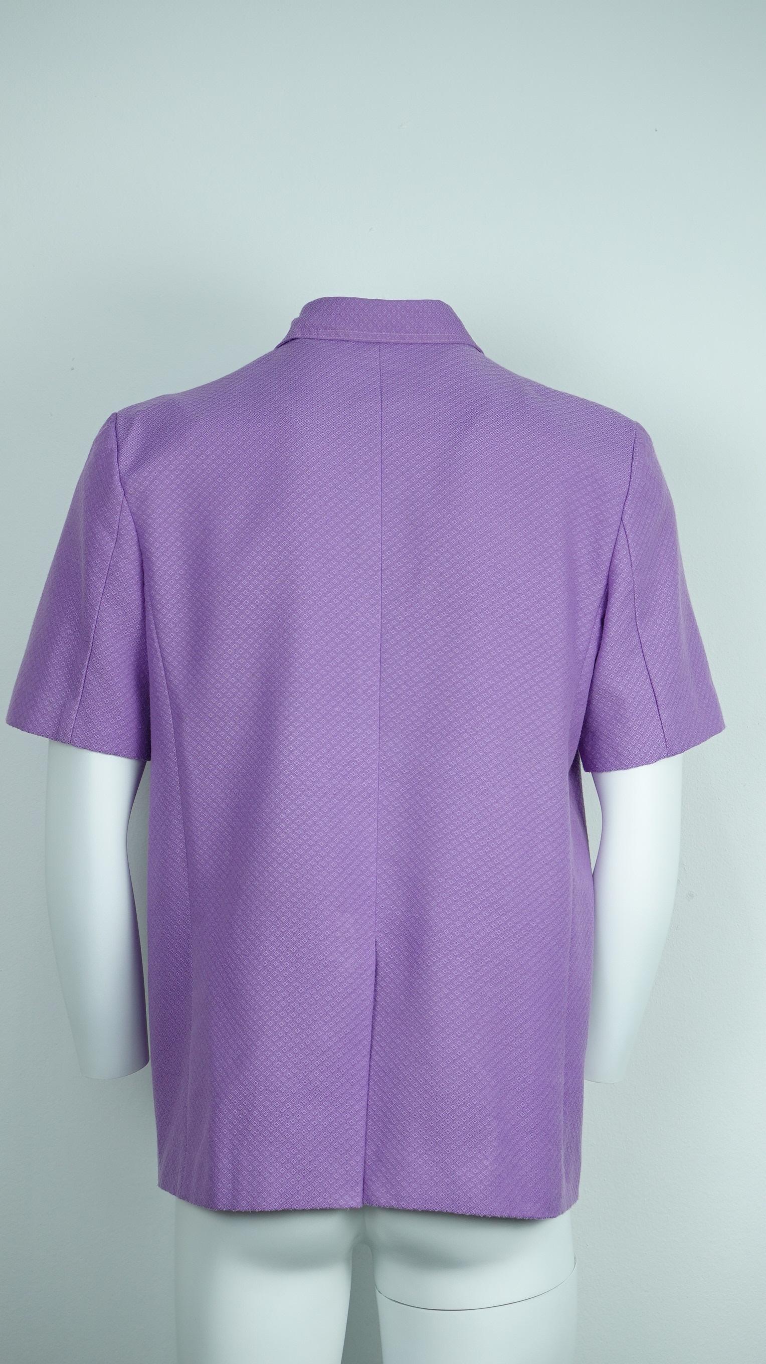 เสื้อต่อกันไหม L สูทซาฟารีแขนสั้น ตัดเย็บจากผ้าไหมยกดอกลายพริกไทย สีม่วง