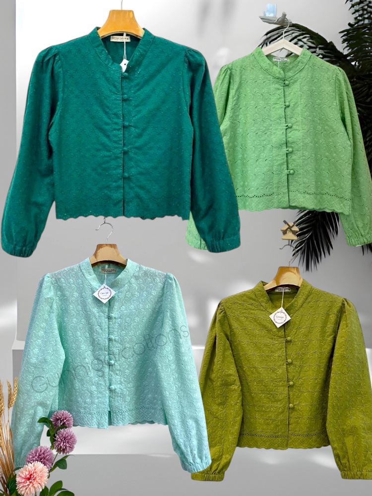 เสื้อพุดตาน โทนสีเขียว มีสีเขียวมิ้นท์ เขียวสังยา เขียวหัวเป็ด และเขียวขี้ม้า