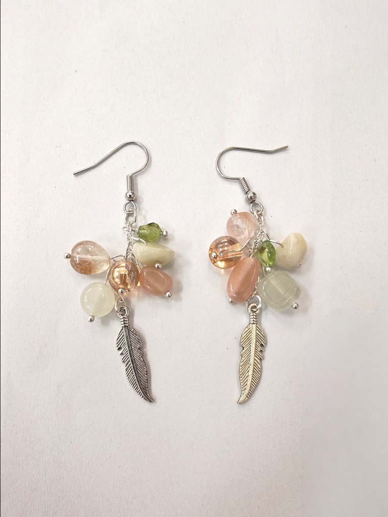 (024) ต่างหูหินแท้ ซันสโตน มูนสโตน เพอริดอทฟรีฟอร์ม ก้านเงินแท้ 925 ทรงระย้า ความยาว 7 ซ.ม.