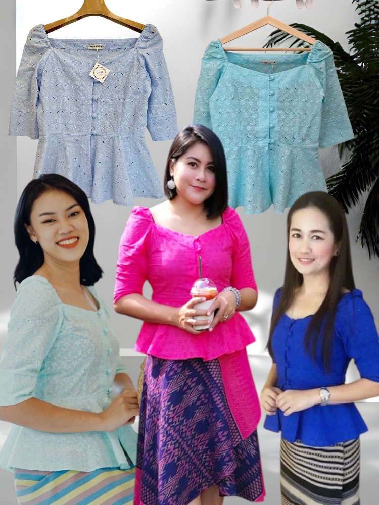 เสื้อเอื้องจันทร์ สีน้ำเงิน สีฟ้าอ่อน สีฟ้ามิ้นท์ สีบานเย็นและสีเขียวมิ้นท์