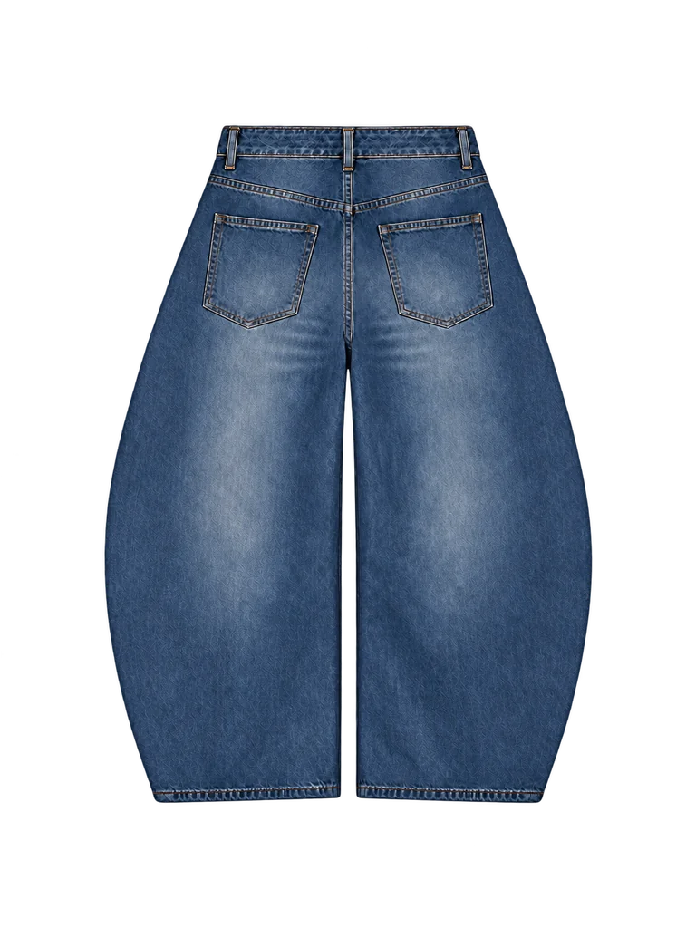 BARREL-LEG DENIM TROUSERS — WASHED DARK BLUE