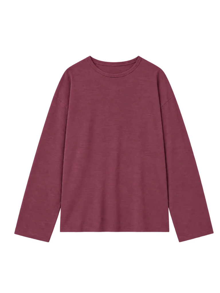 LINEN-BLEND LONG-SLEEVE TOP — CHERRY