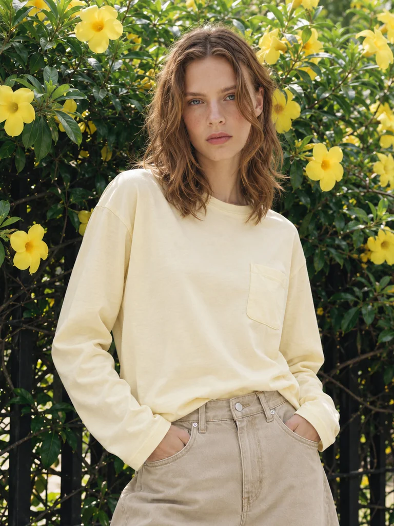 RELAXED POCKET LONG-SLEEVE TOP — LIGHT YELLOW