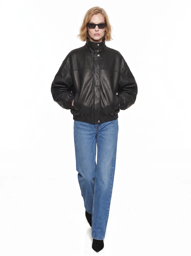 LEATHER ZIP-UP BLOUSON — BLACK