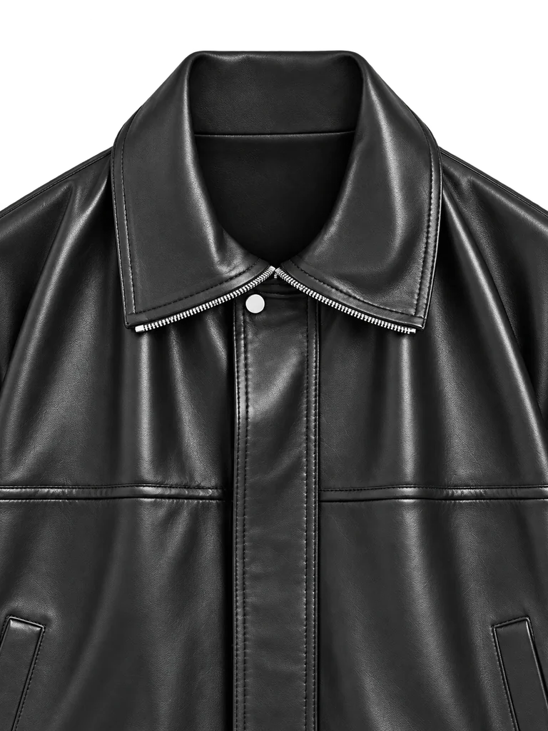 LEATHER ZIP-UP BLOUSON — BLACK