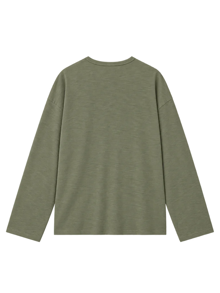LINEN-BLEND LONG-SLEEVE TOP — ASH OLIVE