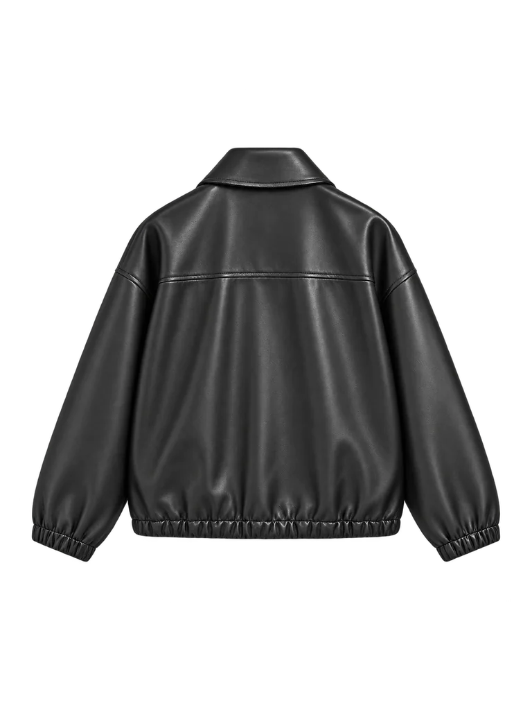 LEATHER ZIP-UP BLOUSON — BLACK