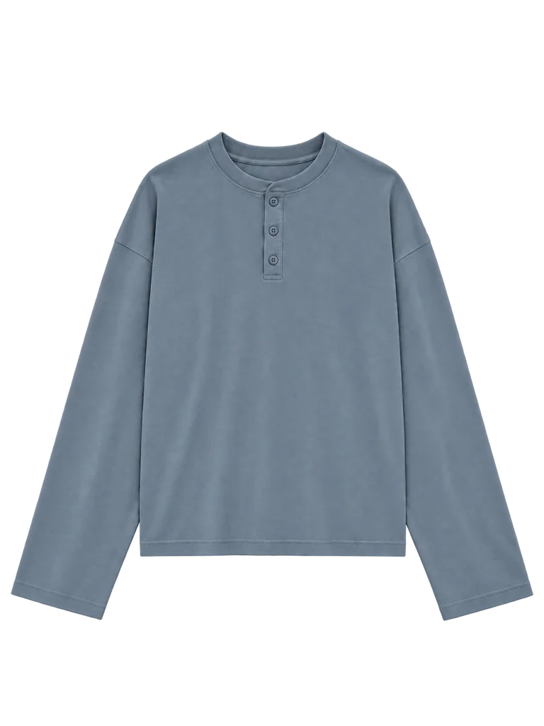 COTTON HENLEY LONG-SLEEVE TOP — SLATE BLUE