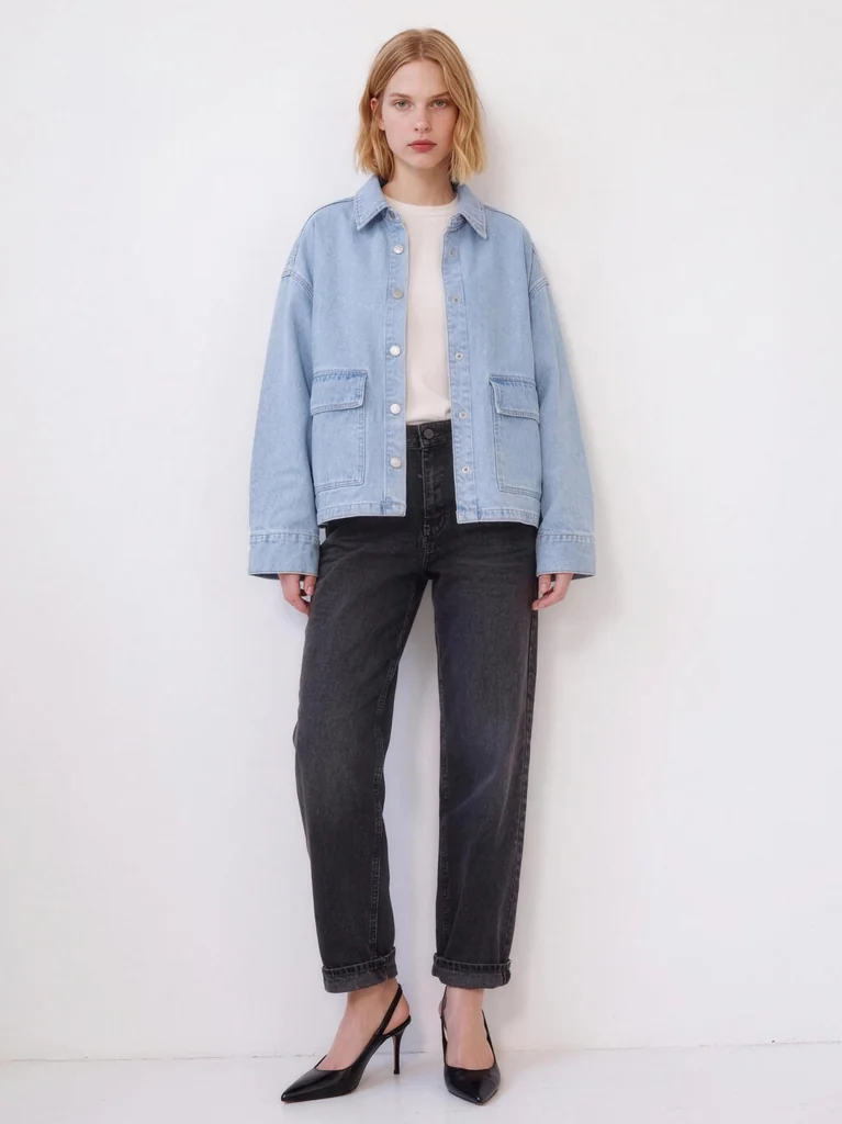CURVED-SHOULDER DENIM JACKET — LIGHT BLUE