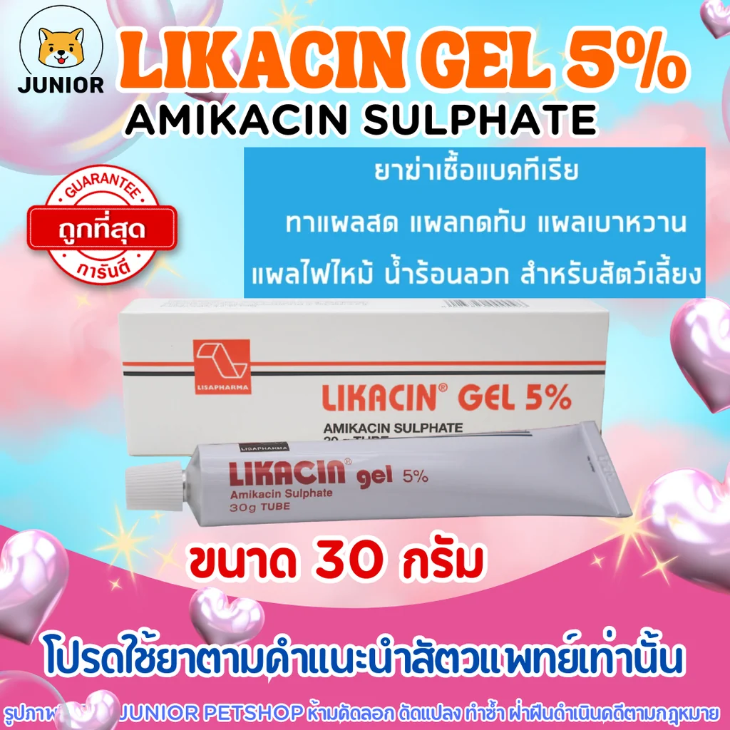 Likacin gel 5% 30 g เจลไลกาซินยาฆ่าเชื้อแบคทีเรีย ทาแผลสด แผลกดทับ แผลเบาหวาน แผลไฟไหม้ น้ำร้อนลวก สำหรับสัตว์เลี้ยง (1 หลอด) Likacin gel 5% 30 g เจลไลกาซินยาฆ่าเชื้อแบคทีเรีย ทาแผลสด แผลกดทับ แผลเบาหวาน แผลไฟไหม้ น้ำร้อนลวก สำหรับสัตว์เลี้ยง (1 หลอด)