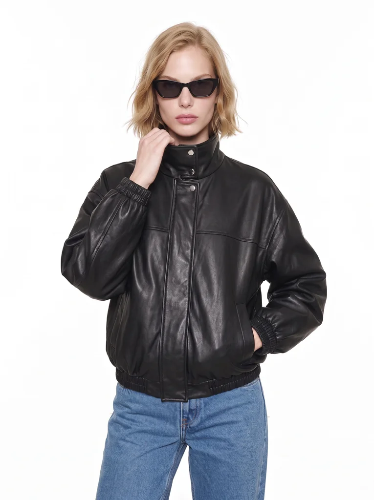LEATHER ZIP-UP BLOUSON — BLACK