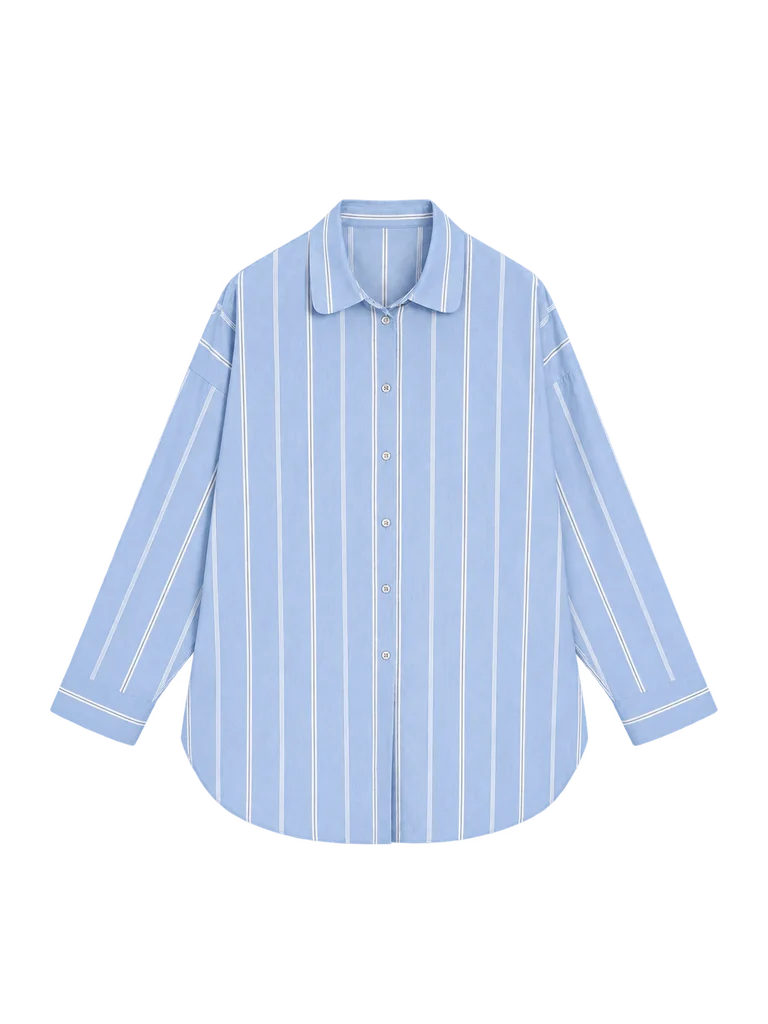 STRIPED COTTON SHIRT — LIGHT BLUE WITH WHITE VERTICAL STRIPES