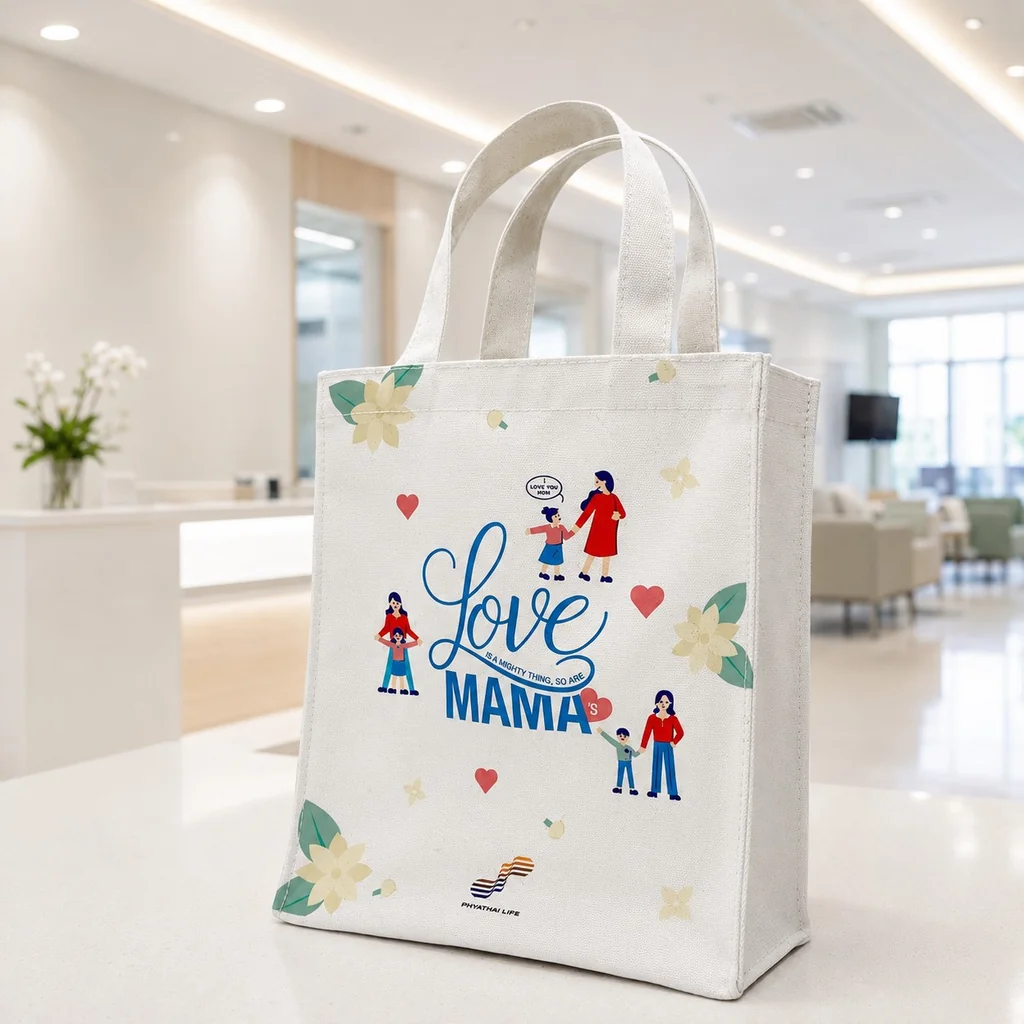(ของแถม) กระเป๋าผ้าแคนวาส ขนาด 15 x 19 cm พร้อมป้ายห้อย สกรีนโลโก้ Love Mom