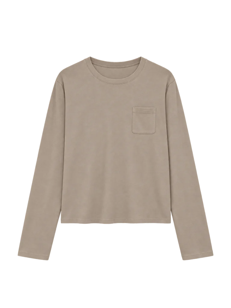 RELAXED POCKET LONG-SLEEVE TOP — TAUPE