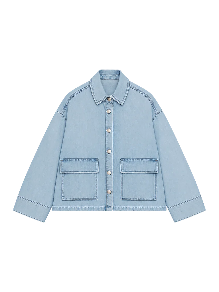 CURVED-SHOULDER DENIM JACKET — LIGHT BLUE
