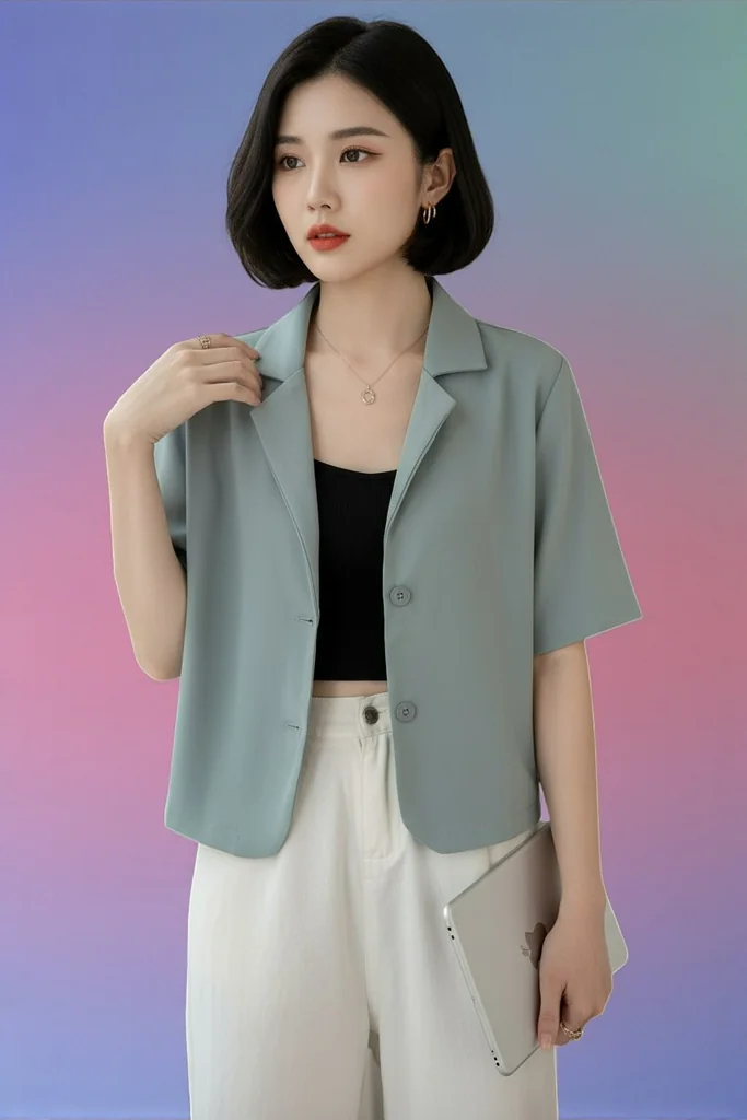 เสื้อเบลเซอร์แขนสั้น สีเทา สไตล์มินิมอล เสื้อเบลเซอร์แขนสั้น สีเทา สไตล์มินิมอล