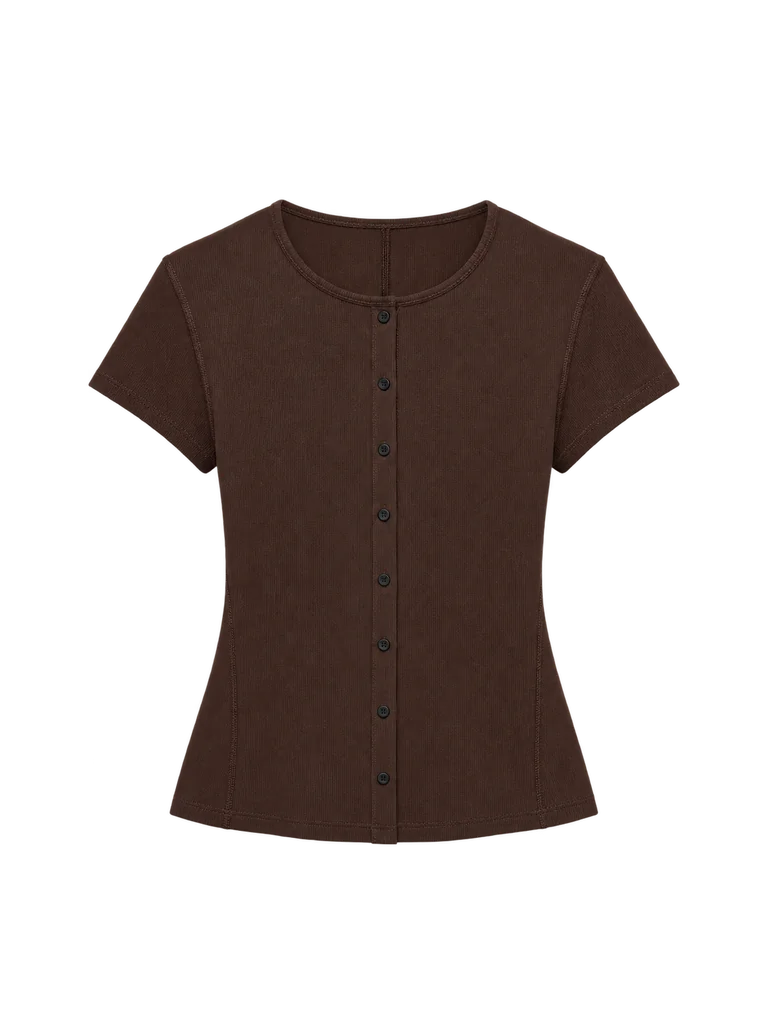 FITTED BUTTON-FRONT T-SHIRT — BROWN