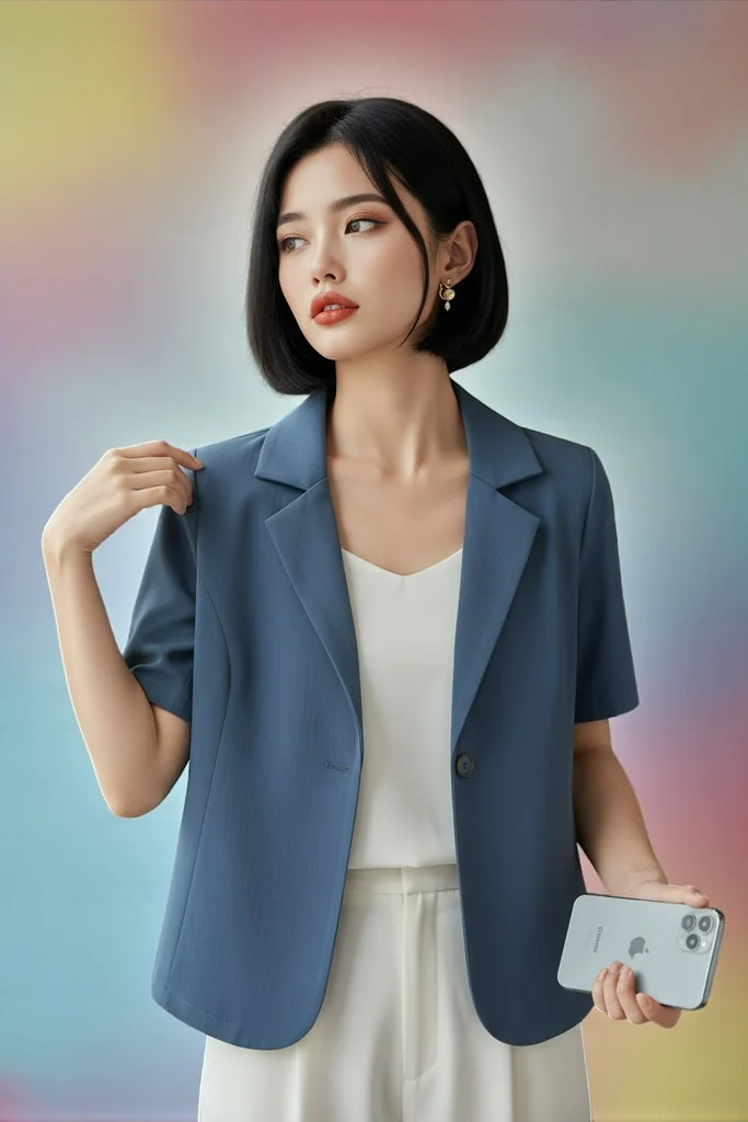 เสื้อเบลเซอร์แขนสั้น สีกรมท่า สไตล์มินิมอล เสื้อเบลเซอร์แขนสั้น สีกรมท่า สไตล์มินิมอล