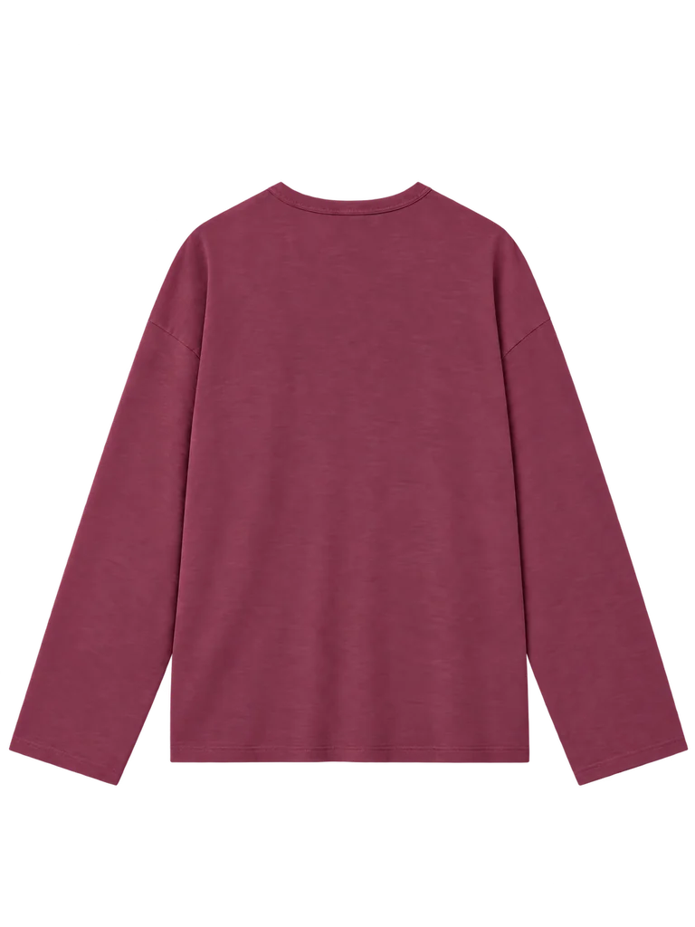 LINEN-BLEND LONG-SLEEVE TOP — CHERRY