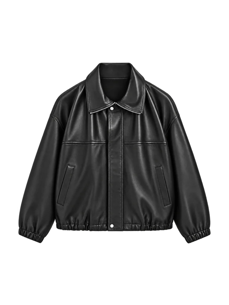 LEATHER ZIP-UP BLOUSON — BLACK