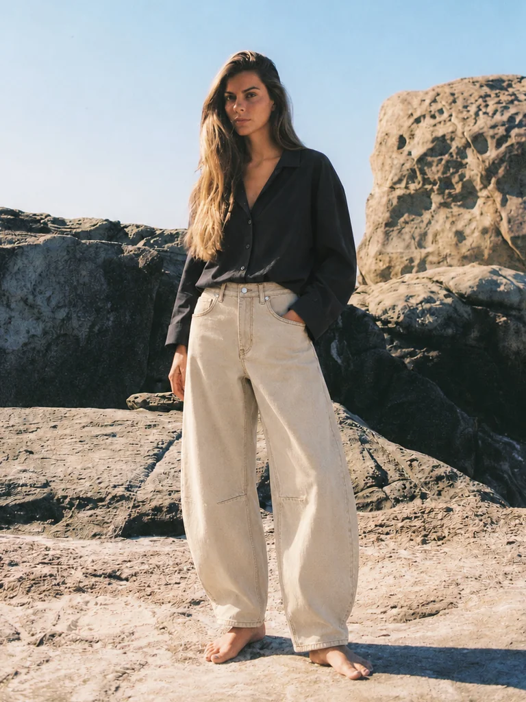 BARREL-LEG DENIM TROUSERS — BEIGE
