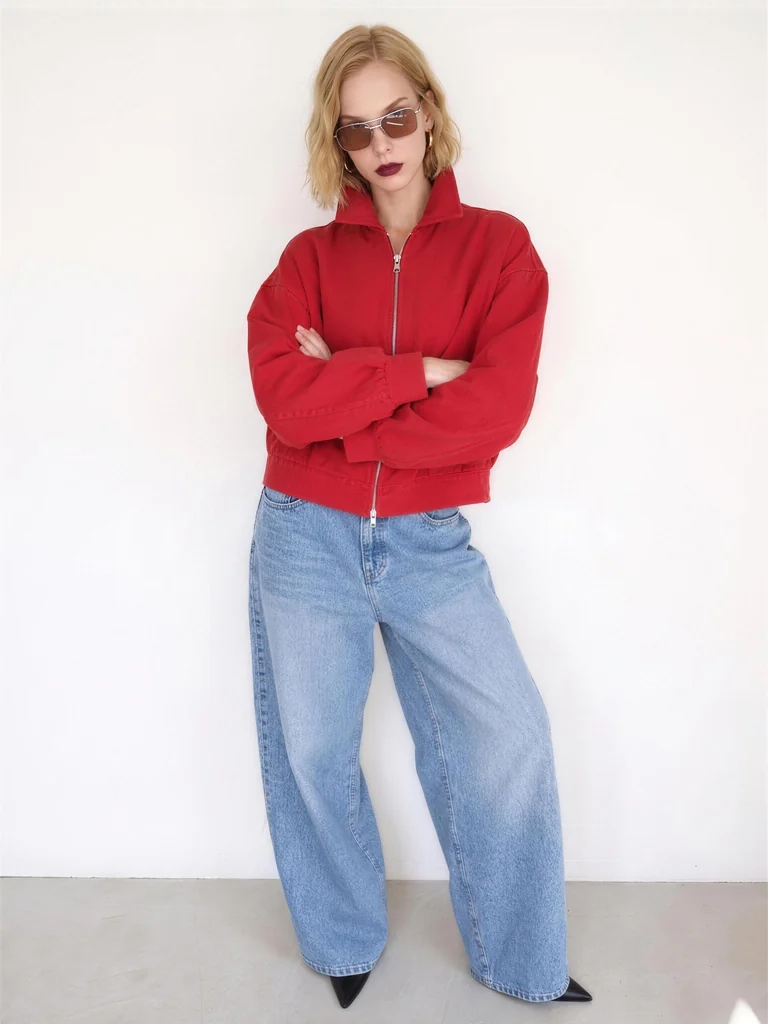 WIDE-COLLAR ZIP JACKET — CHERRY RED
